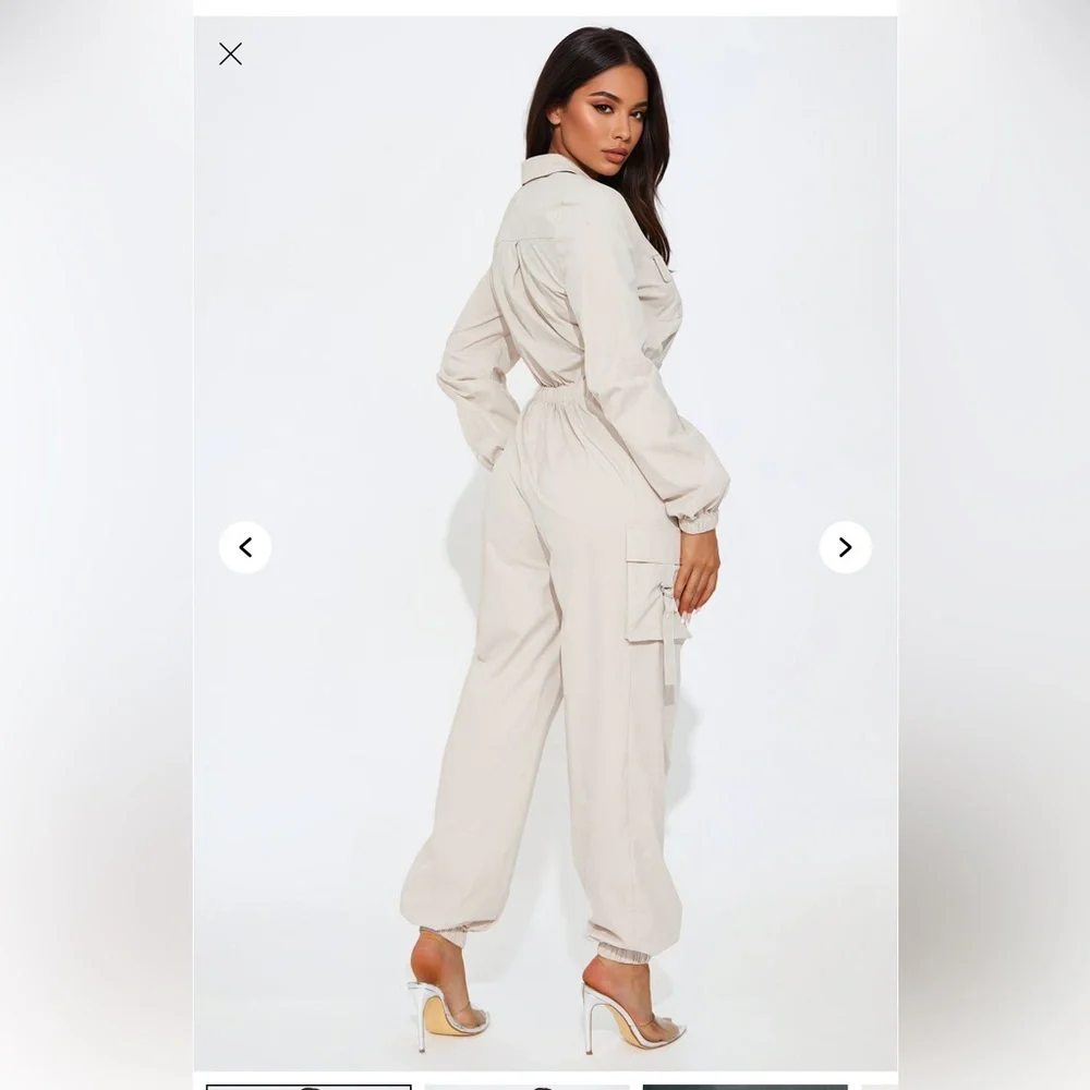 Cream and Silver High-Waisted Jumpsuit with Tapered Legs - Picture 3 of 5